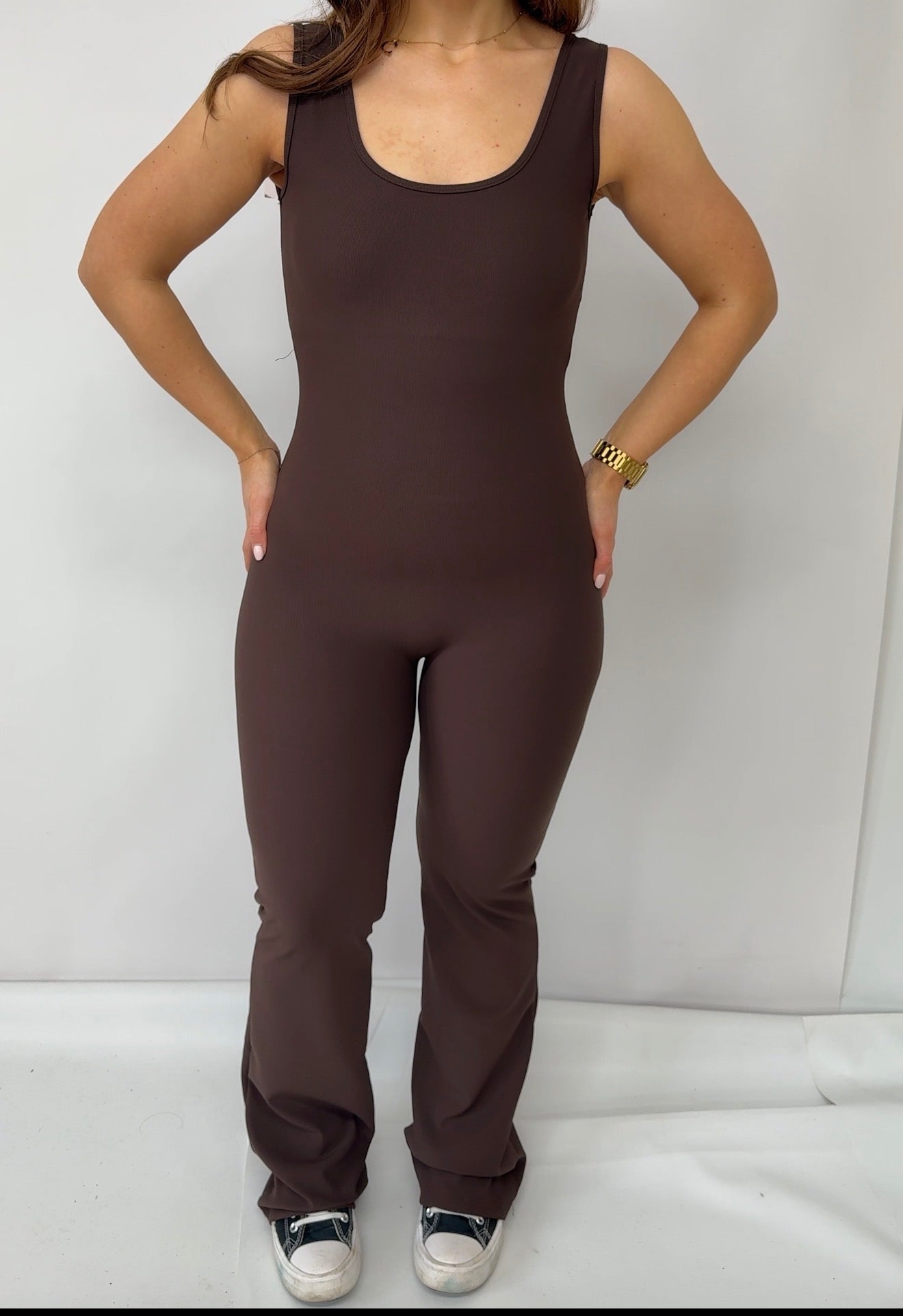 RSN Sculpt Built in Bra Flare Leg Unitards- Black/ Espresso