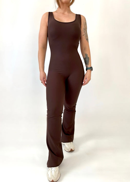RSN Sculpt Built in Bra Flare Leg Unitards- Black/ Espresso
